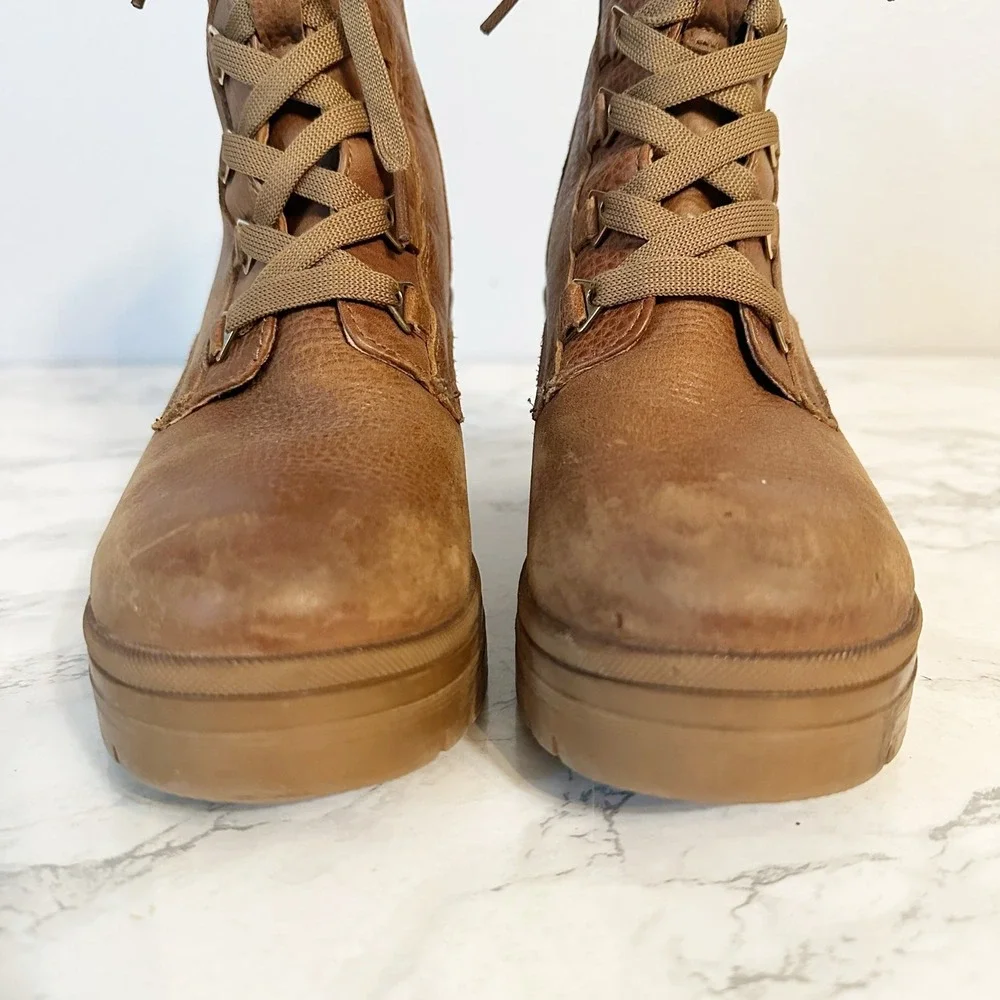 Flexi Tan Leather Lace Up Chunky Heel Lug Sole Mid Calf Boots Women's Size 7.5 - Picture 2 of 12